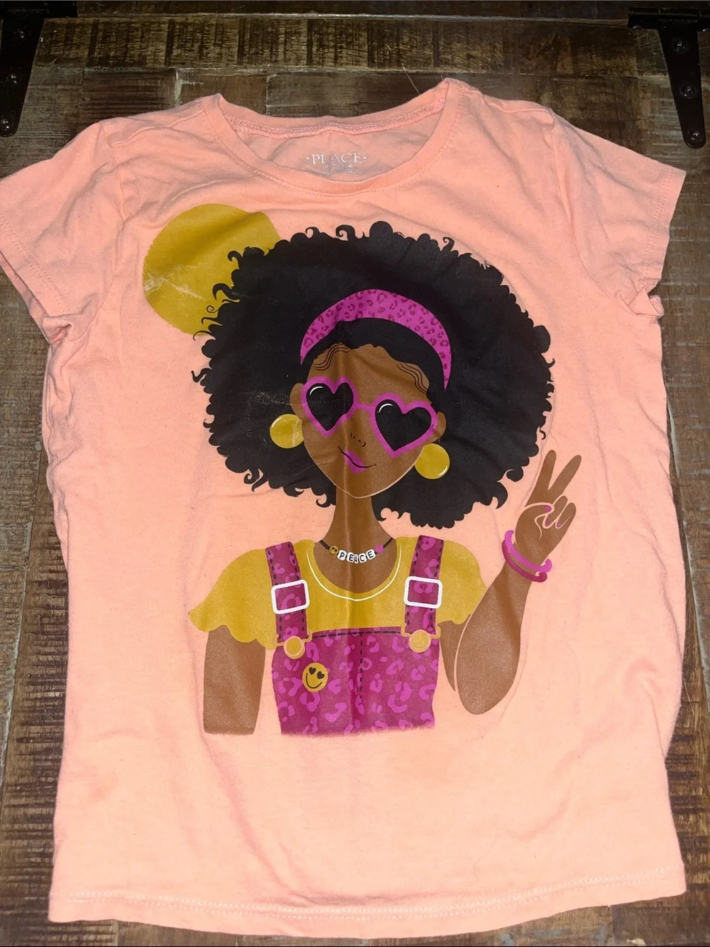 Place Peach Graphic Tee with Purple & Orange Plaid Ruffle Skirt